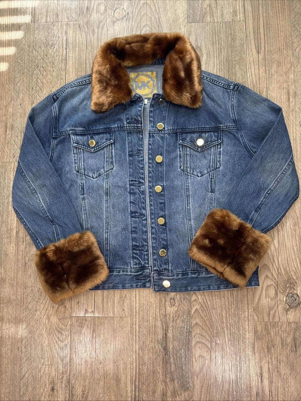 Michael Kors Faux Fur Trim Denim Jacket Blue Gold Button Y2K Boho Medium Wash
